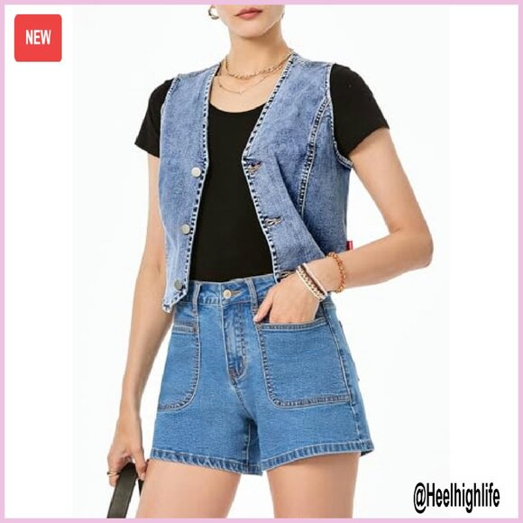 Women's Denim Vest Sleeveless V Neck Button Down Crop Waistcoat - Picture 6 of 8